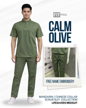 Load image into Gallery viewer, CALM OLIVE (MEN)- FITPRO MANDARIN / CHINESE COLLAR SCRUB SUIT