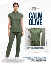 Load image into Gallery viewer, CALM OLIVE - FITPRO MANDARIN / CHINESE COLLAR SCRUB SUIT
